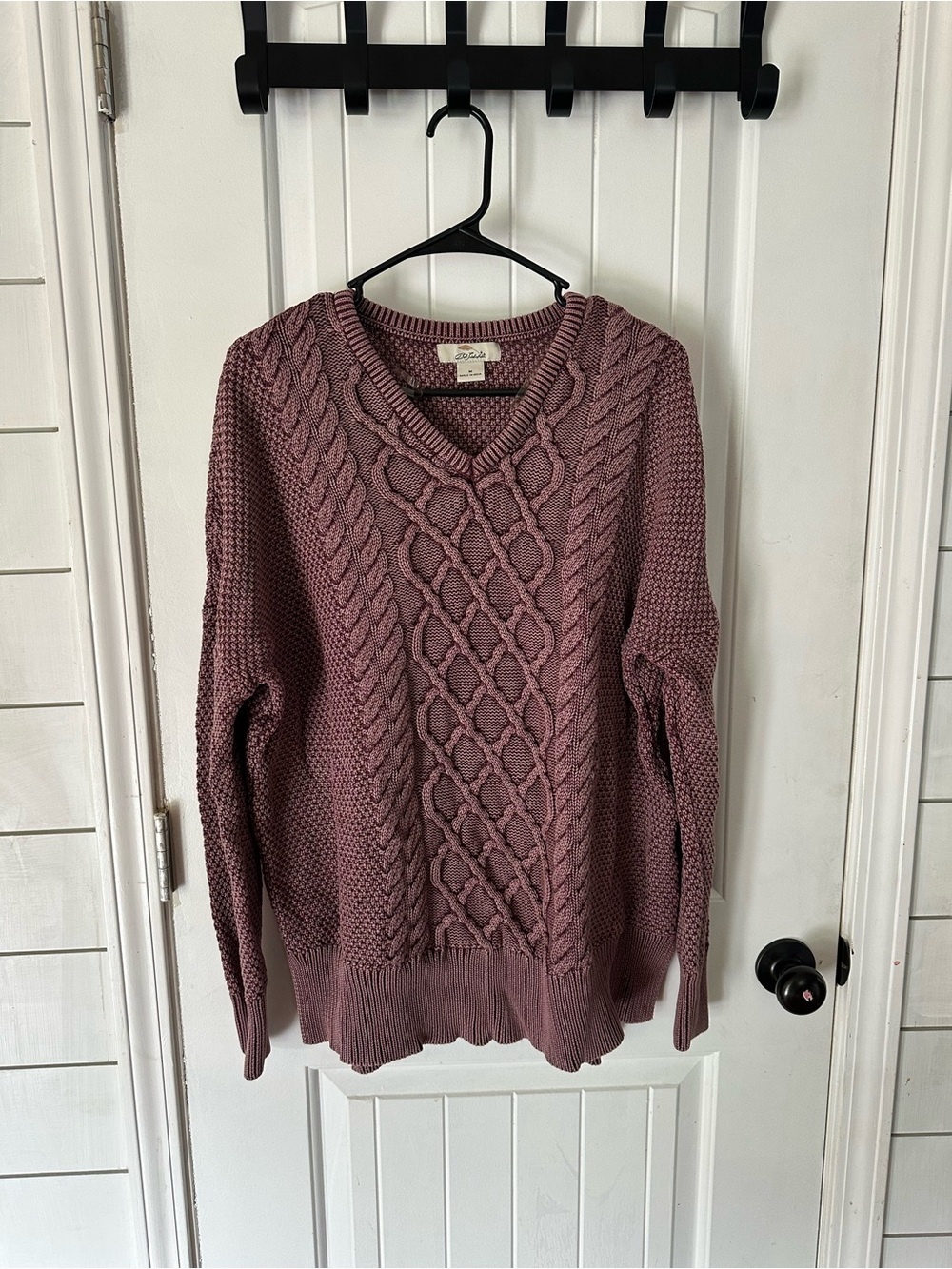 Cable Knit V-Neck Sweater in Dusty Mauve 100% cotton. Oversized